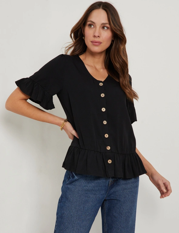 Katies Elbow Sleeve Button Front Peplum Top, hi-res image number null