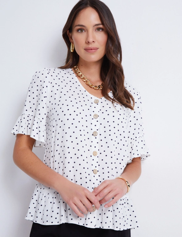 Katies Elbow Sleeve Button Front Peplum Top, hi-res image number null