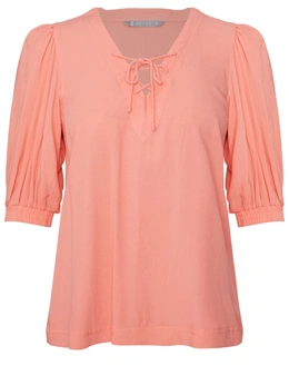 Katies Short Sleeve Lace Up Front Linen Top