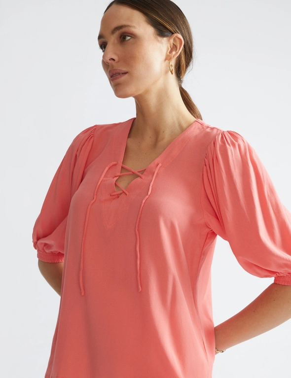 Katies Short Sleeve Lace Up Front Linen Top, hi-res image number null