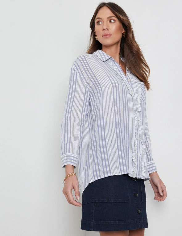 Katies Long Sleeve Ruffle Front Stripe Shirt, hi-res image number null