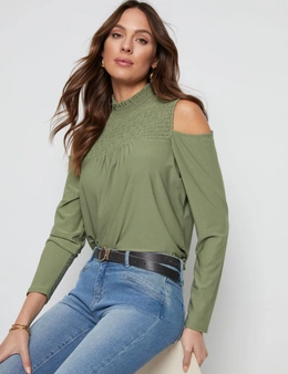 Katies 3Q Sleeve Smocked Front Cold Shoulder Knit Top
