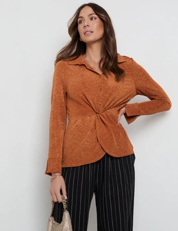 Katies Long Sleeve Twist Button Front Texture Knit Top