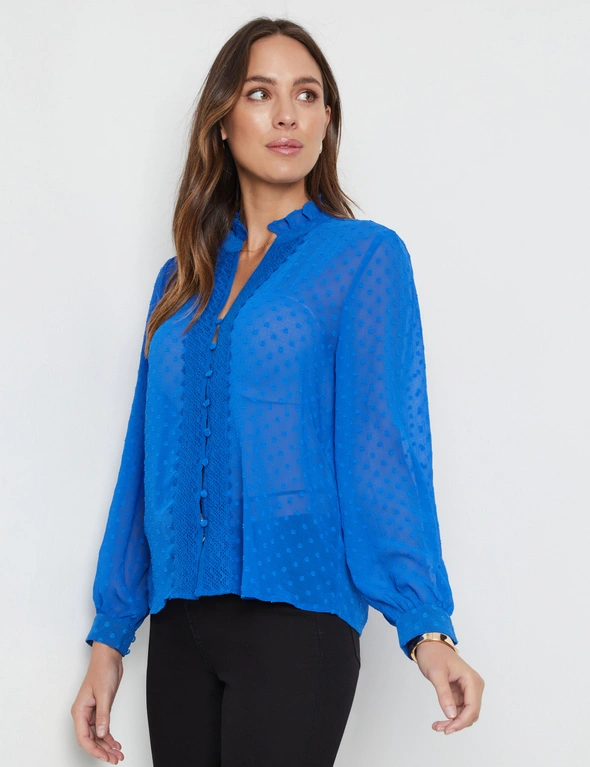 Katies Long Sleeve Lace Trim Clip Dot Shirt, hi-res image number null
