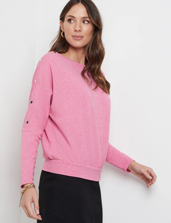 Katies Long Sleeve Dolman Button Trim Fluffy Knit Top, hi-res image number null