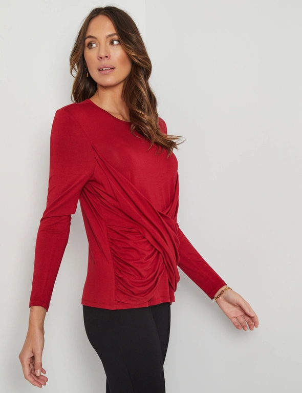 Katies Long Sleeve Cross Front Wrap Knit Top, hi-res image number null