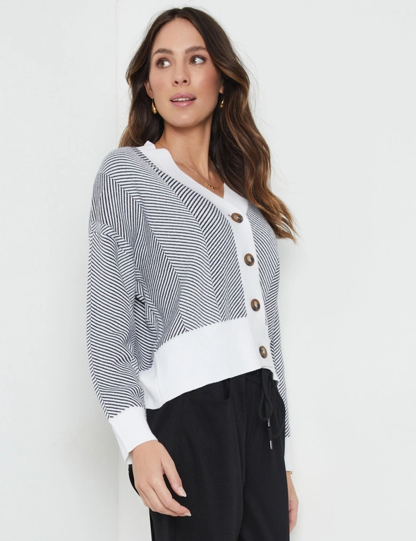 Katies Long Sleeve Button Front Chevron Stripe Cardigan, hi-res image number null