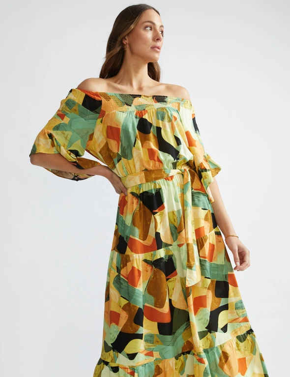Katies 3Q Sleeve Smocked Trim Maxi Dress, hi-res image number null