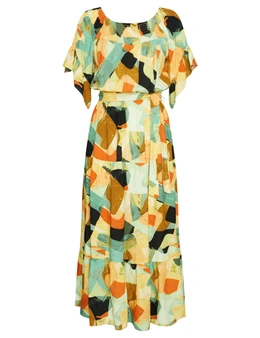 Katies 3Q Sleeve Smocked Trim Maxi Dress