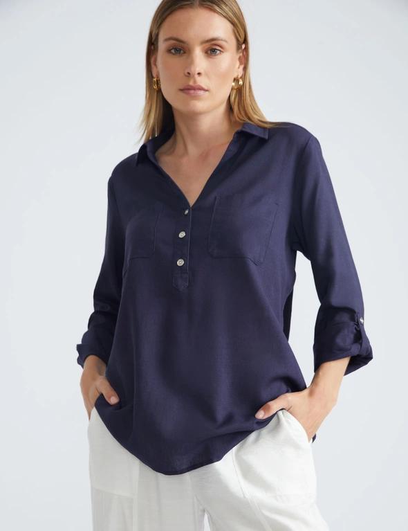 Katies 3Q Sleeve Half Placket Linen Blend Shirt, hi-res image number null