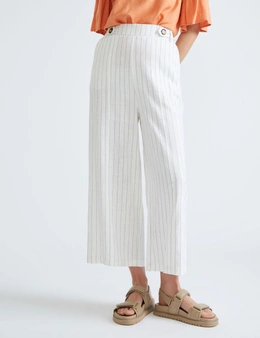 Katies 7/8 Button Trim Linen Blend Stripe Pant