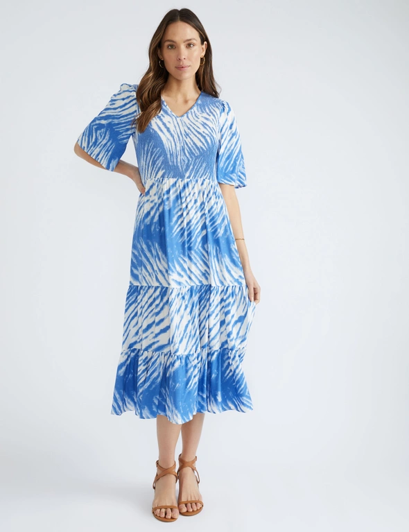 Katies Elbow Sleeve Smocked Tiered Shift Dress | EziBuy Australia