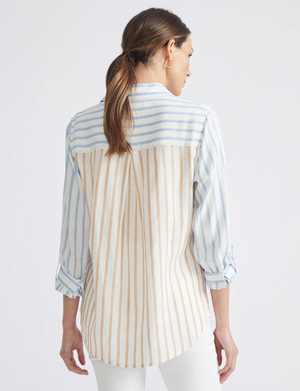 Katies 3Q Sleeve Mixed Stripe Linen Blend Shirt, hi-res image number null