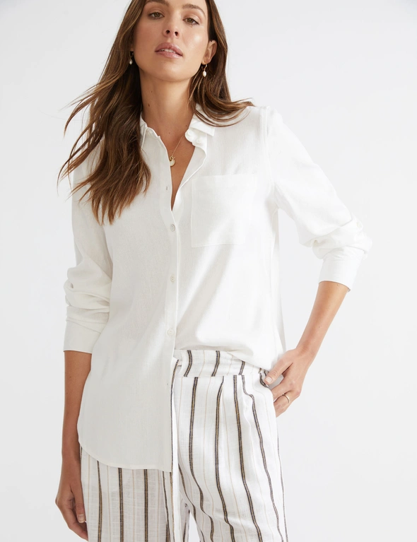 Katies 3Q Sleeve Mixed Stripe Linen Blend Shirt, hi-res image number null