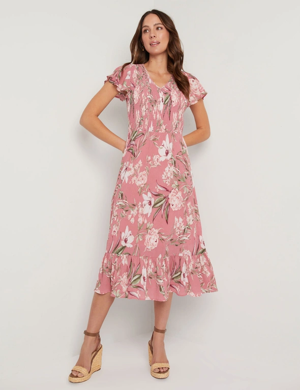 Katies Cap Sleeve Smocked Front Maxi Dress | EziBuy Australia