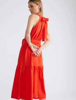 Katies Sleeveless Tie Trim Linen Blend Dress