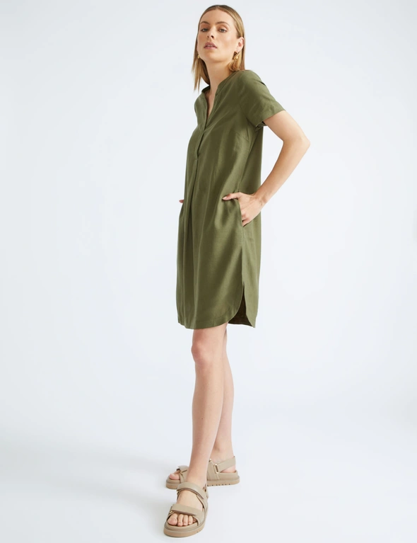 Katies Short Sleeve Split Neck Linen Blend Shift Dress, hi-res image number null