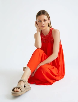 Katies Sleeveless Crochet Lace Trim Maxi Dress