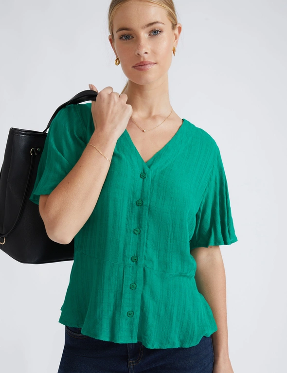 Katies Short Sleeve Button Front Peplum Top, hi-res image number null