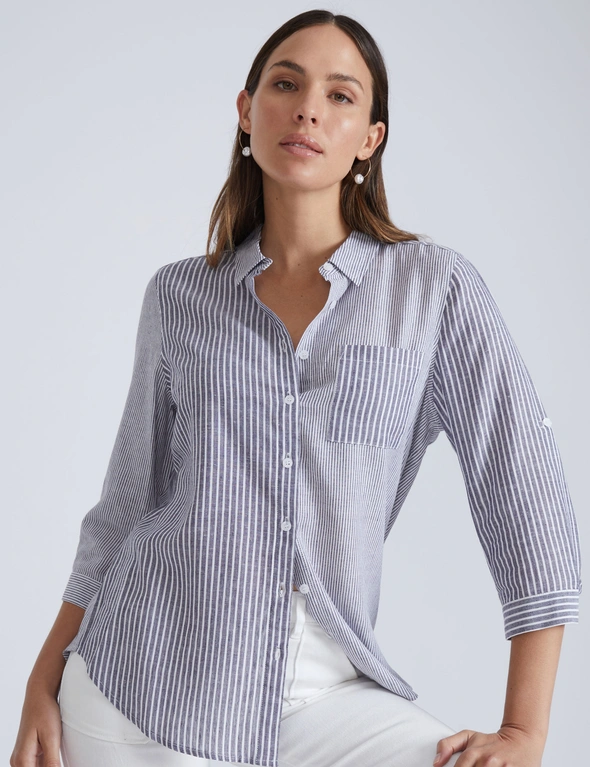 Katies 3Q Multi Yarn Dye Stripe Linen Blend Shirt, hi-res image number null