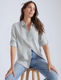 Katies 3/4 Multi Yarn Dye Stripe Linen Blend Shirt