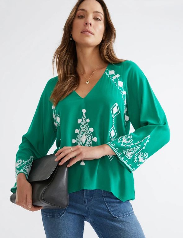 Katies 3Q Sleeve Embroidered Top, hi-res image number null