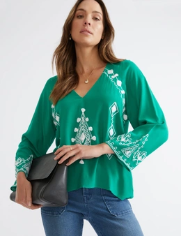 Katies 3Q Sleeve Embroidered Top