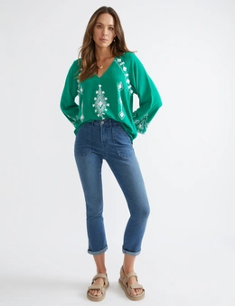 Katies 3Q Sleeve Embroidered Top