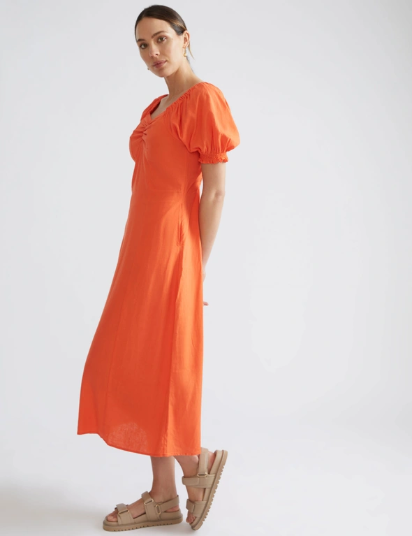 Katies Short Sleeve Smocked Back Maxi Linen Blend Dress | EziBuy NZ