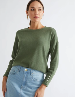 katies l/s textured knit top with button detail