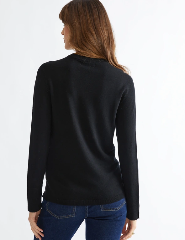 Long Sleeve Fine Gauge Crew Neck Jumper with buttons, hi-res image number null