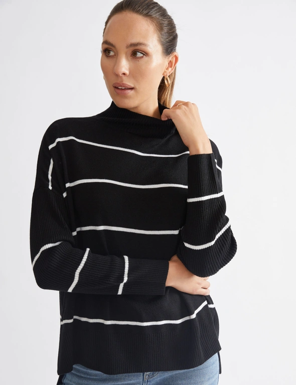 Katies Long Sleeve Relaxed Knitwear Jumper With Turtleneck And Ribbed Sleeves And Side Slits, hi-res image number null