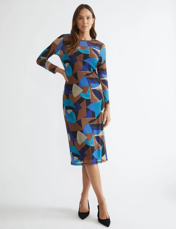 Long Sleeved Body Con Mesh Dress With Lining, hi-res image number null
