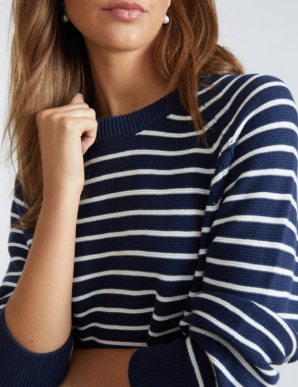 Katies Long Sleeve Crew Neck Cotton Stripe Knitwear Jumper With Side Slits, hi-res image number null
