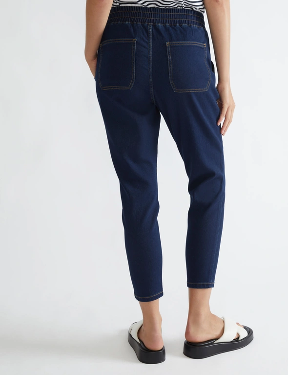 Denim Knit Jogger Mid Wash with elasticated waist and self fabric drawcord, hi-res image number null