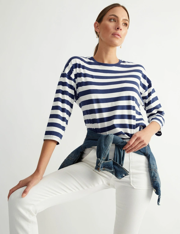Katies Relaxed Three Quarter Sleeved Stripe T-Shirt, hi-res image number null