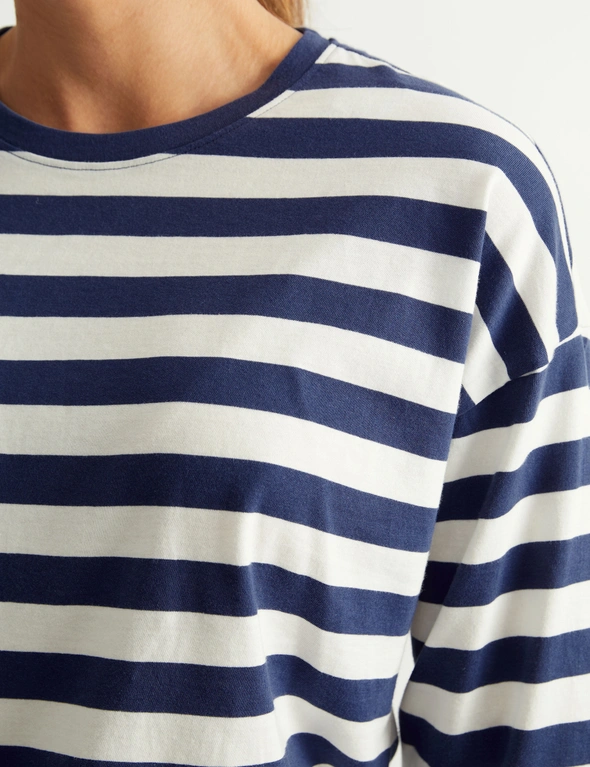 Relaxed Three Quarter Sleeved Stripe T-Shirt, hi-res image number null