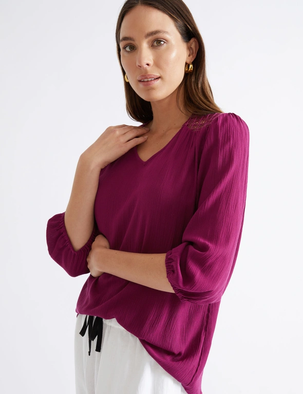 Katies Three Quarter Sleeve Viscose Crinkle Top with crochet trim detail, hi-res image number null