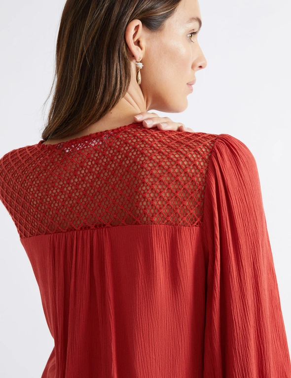Katies Three Quarter Sleeve Viscose Crinkle Top with crochet trim detail, hi-res image number null