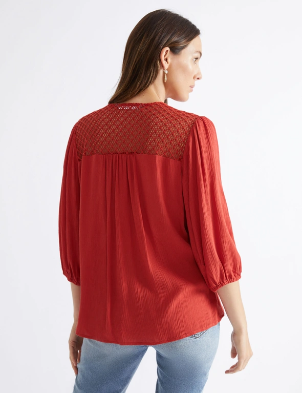 Katies Three Quarter Sleeve Viscose Crinkle Top With Crochet Trim Detail, hi-res image number null