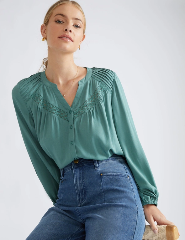 Katies Elbow Sleeve Pintuck Lace Shirt | Crossroads