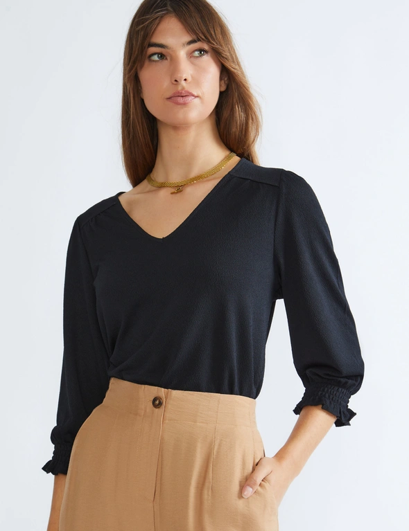 Katies Short Sleeve Ruffle Detail V Neck Knit Top, hi-res image number null
