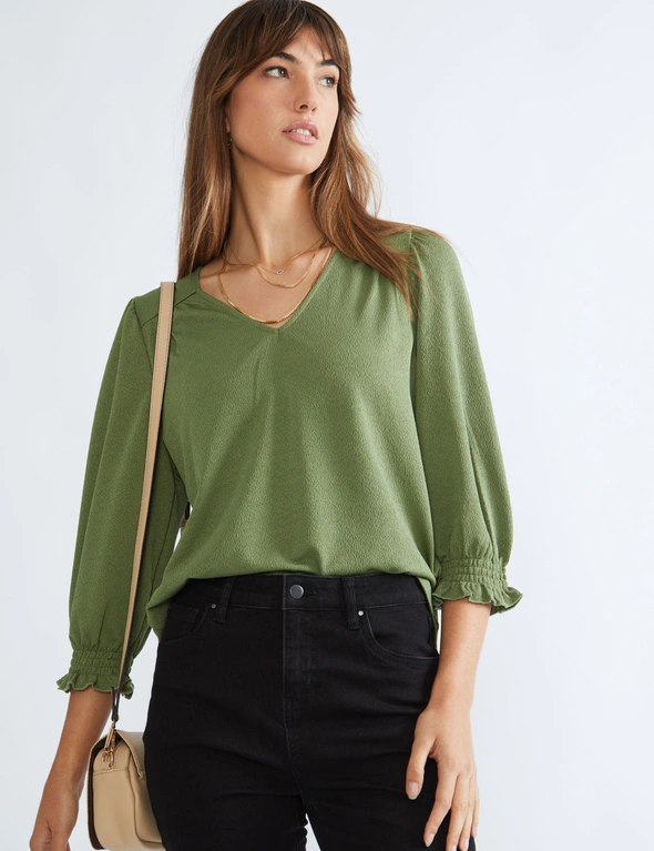Katies Short Sleeve Ruffle Detail V Neck Knit Top, hi-res image number null