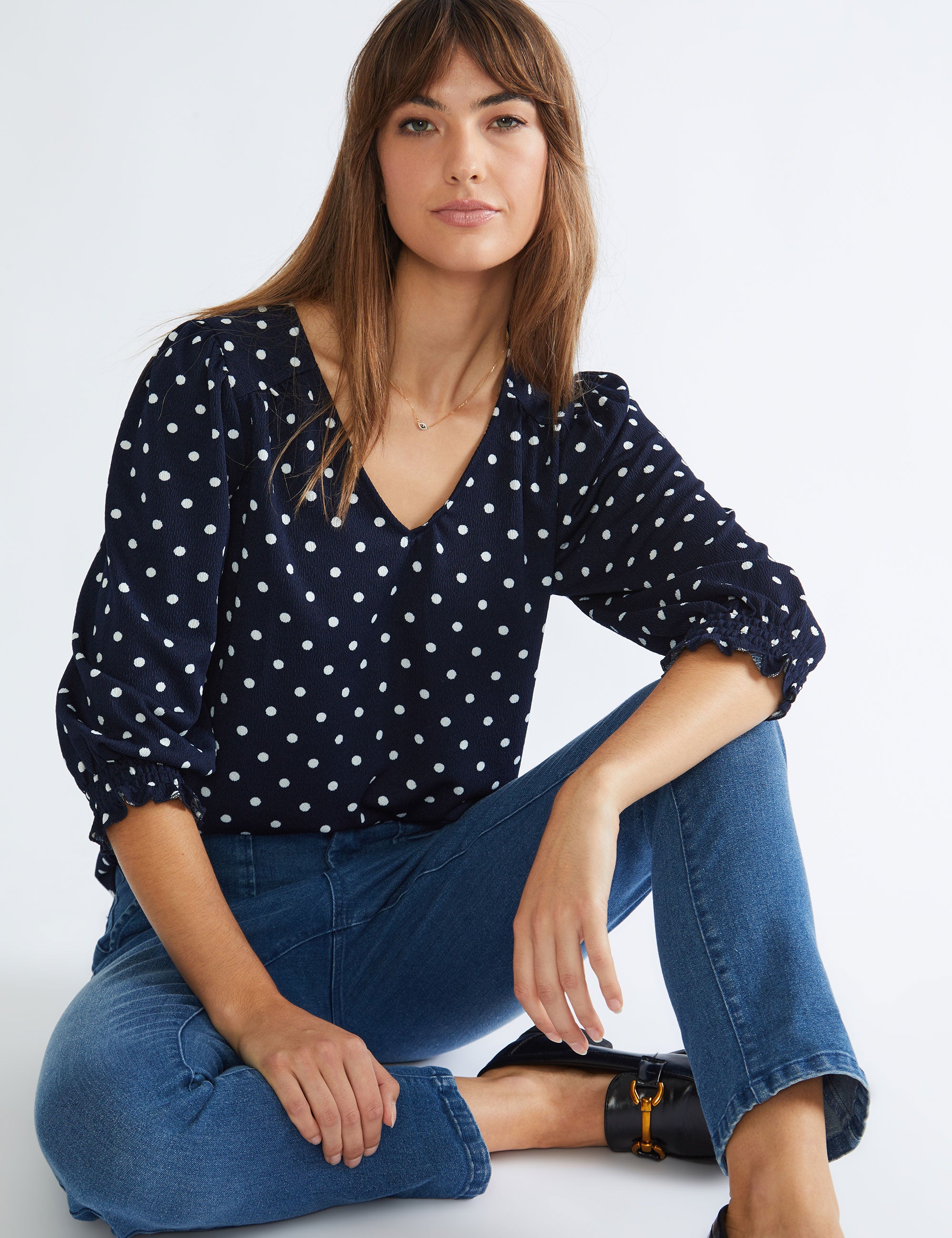 Katies Short Sleeve Ruffle Detail V Neck Knit Top | W Lane