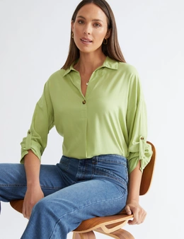 Katies 3Q Rolled Up Longline Button Trim Shirt
