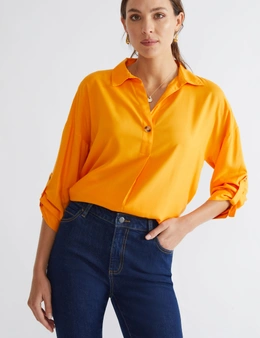 Katies 3/4 Rolled Up Longline Button Trim Shirt
