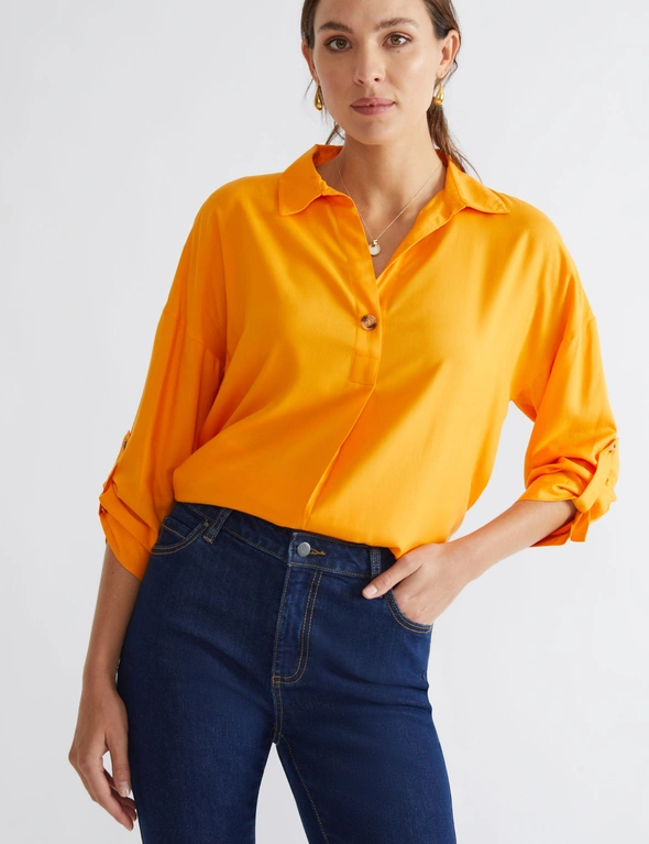 Katies 3/4 Rolled Up Longline Button Trim Shirt, hi-res image number null