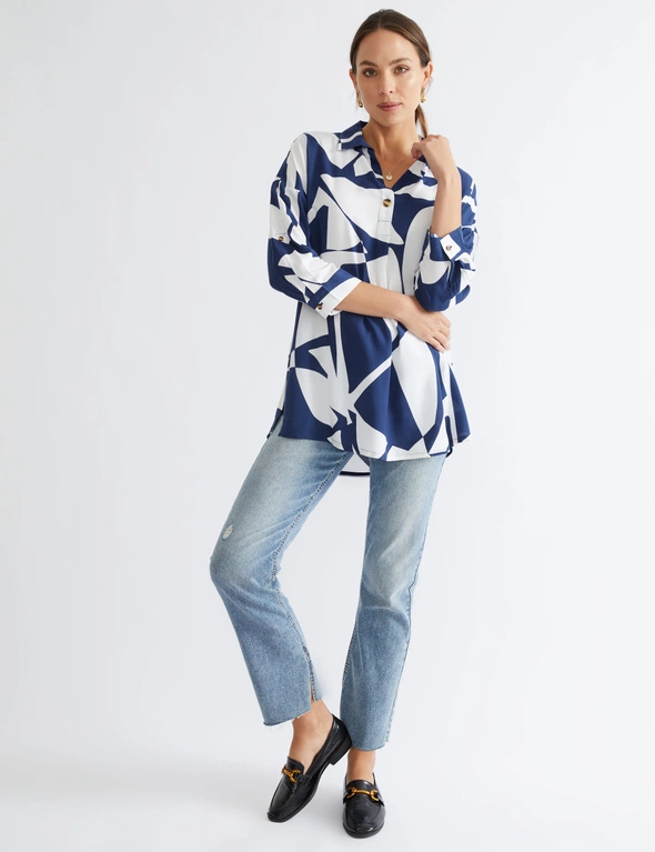 Katies 3Q Rolled Up Longline Button Trim Shirt, hi-res image number null