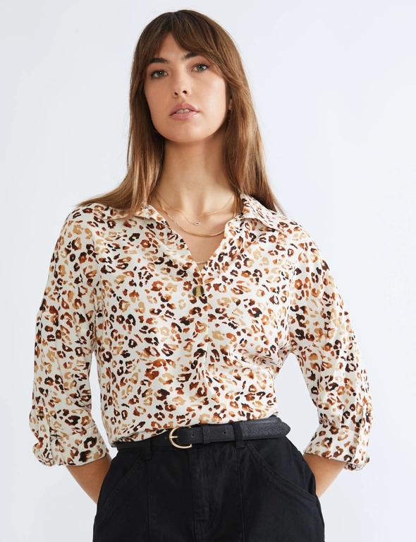 Katies 3/4 Rolled Up Longline Button Trim Shirt, hi-res image number null