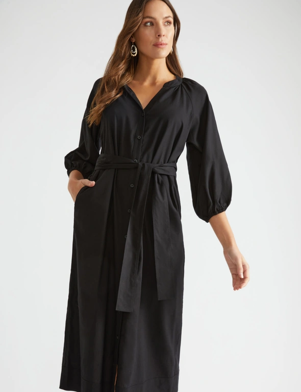 Katies Elbow Sleeve Belted Linen Blend Maxi Dress, hi-res image number null